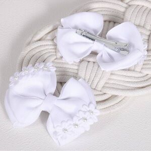 White Floral Pearl Bow Hair Clips - Set of 2